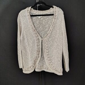 Open‎ Weave Cardigan Womens L Beige Linen Ribbon Trim Cottagecore Prairie Boho